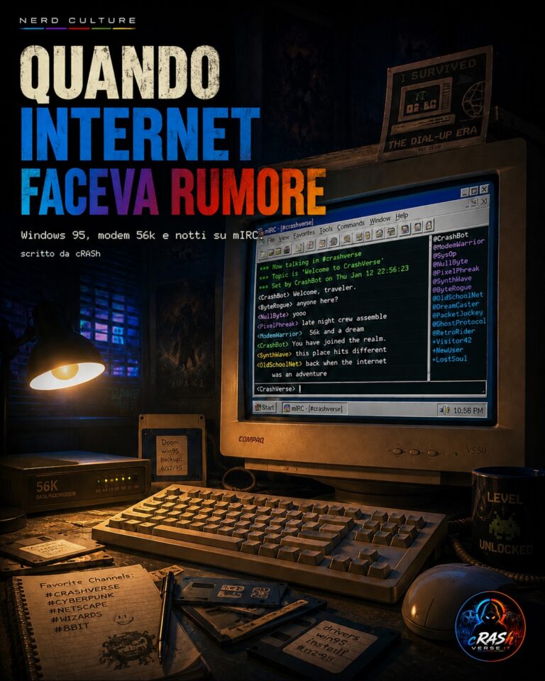 Copertina Quando Internet faceva rumore: monitor CRT con mIRC, modem 56k e scrivania anni Novanta illuminata da luci cyan e ambra.