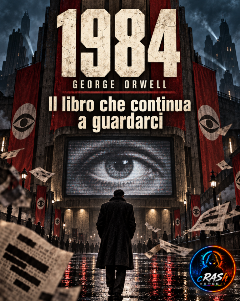 1984 di George Orwell: un uomo davanti a un teleschermo con un occhio, in una città oppressiva. Illustrazione editoriale generata con IA.