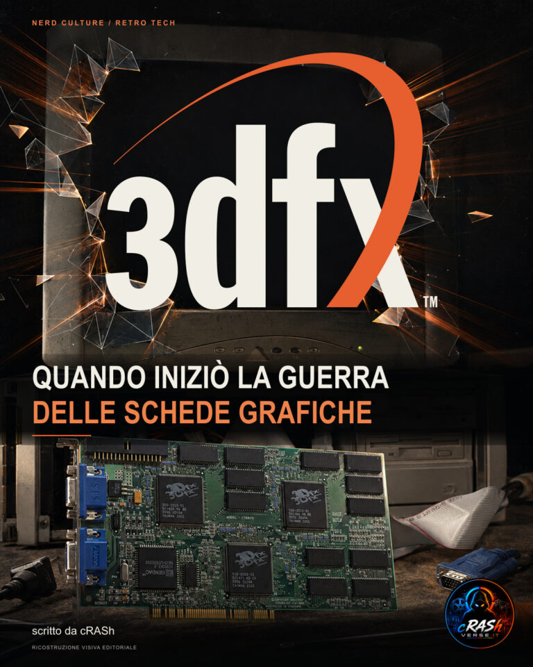 Copertina 3DFX: il logo storico emerge da un monitor CRT, accanto a una scheda Voodoo2 e a un PC aperto anni Novanta.