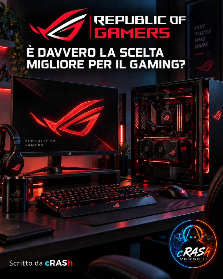 ASUS ROG — copertina editoriale con postazione gaming rossa e nera generata con AI