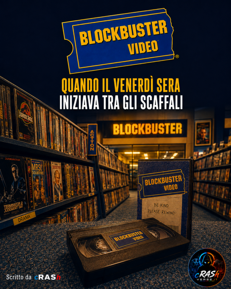 Copertina Blockbuster: scaffali di videocassette, custodia da noleggio e VHS, nei colori blu e giallo.