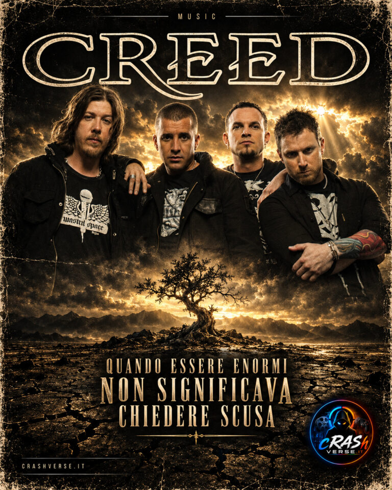 I quattro membri dei Creed tra luce ambra e paesaggio tempestoso, wordmark CREED e logo CrashVerse.