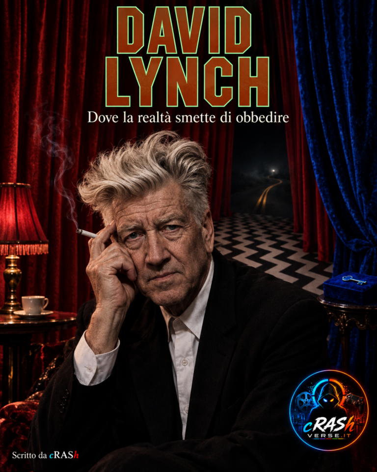 Omaggio visivo generato a David Lynch tra tende rosse, velluto blu e richiami a Twin Peaks e Mulholland Drive.