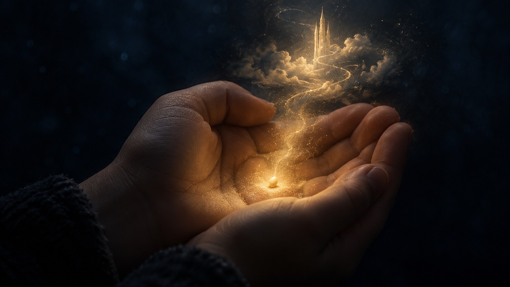Un granello luminoso fra due mani: da una piccola luce prende forma un mondo immaginario