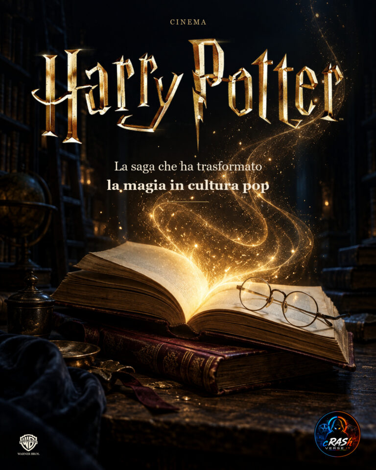Harry Potter — libro aperto, occhiali e magia dorata, copertina CrashVerse
