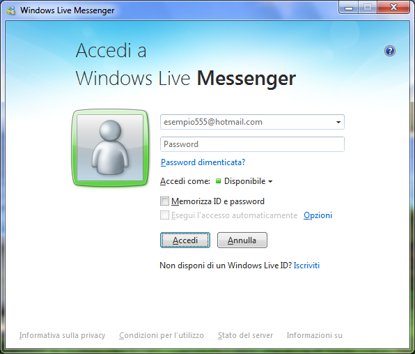 Schermata italiana di accesso a Windows Live Messenger 2011