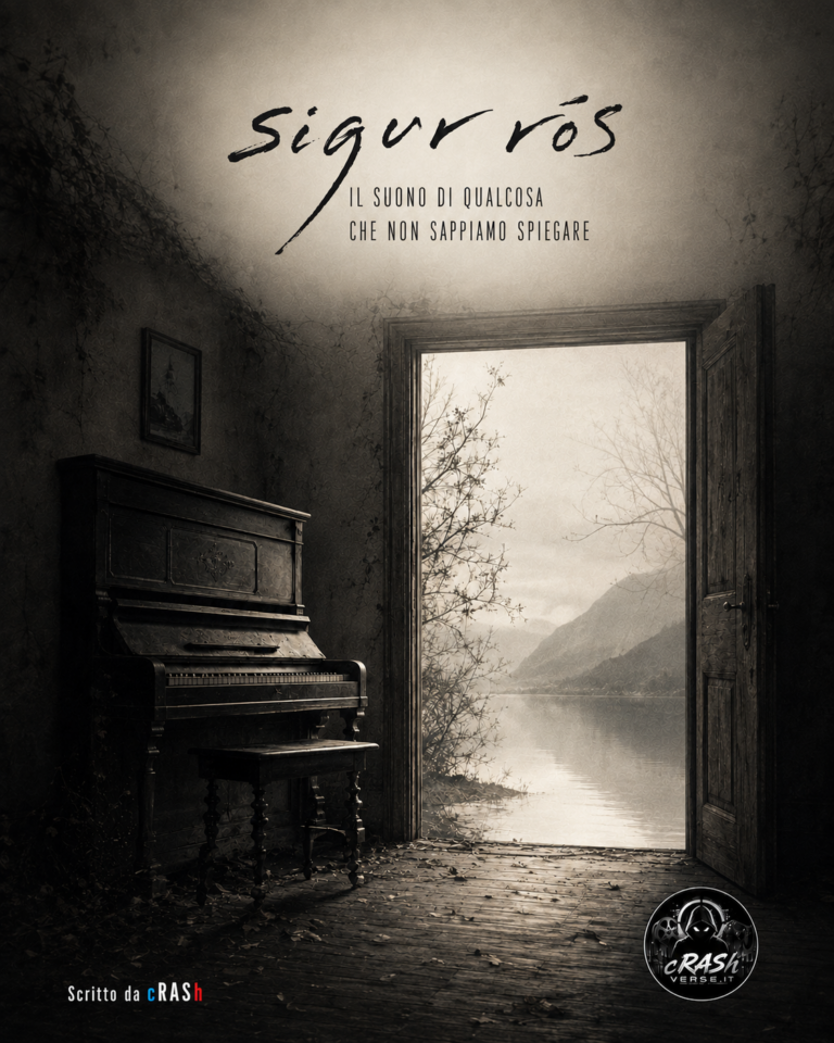 Copertina Sigur Rós: un pianoforte in una stanza affacciata sul lago, con titolo e logo CrashVerse in bianco e nero.