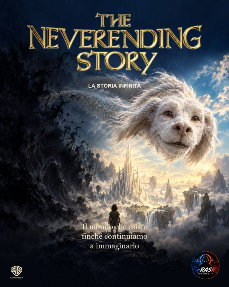 La Storia Infinita: Falkor emerge dalla luce sopra Fantàsia, mentre avanza il Nulla. Illustrazione editoriale.