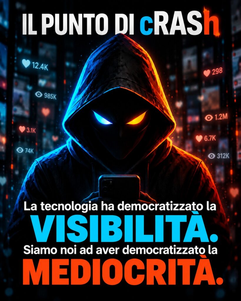 L’alieno cRASh, arrabbiato e deluso, guarda il lettore con un telefono in mano tra contatori social. Visibilità e mediocrità in evidenza.