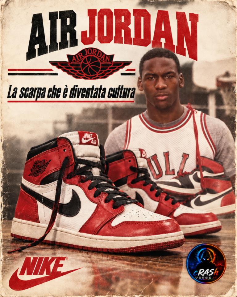 Air Jordan 1 in primo piano e Michael Jordan sullo sfondo, composizione editoriale vintage.