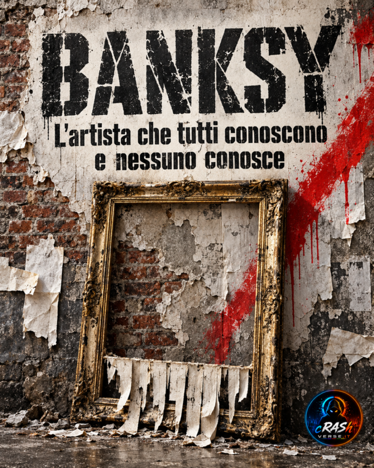 Banksy: composizione editoriale con muro urbano, cornice vuota, carta tagliata e titolo.
