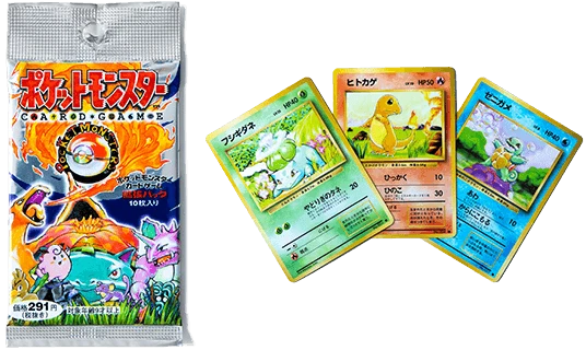 Bustina e carte del primo gioco di carte collezionabili Pokémon giapponese