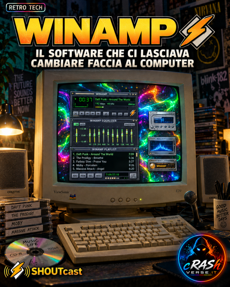 Winamp e SHOUTcast su un desktop anni Duemila: cover illustrata