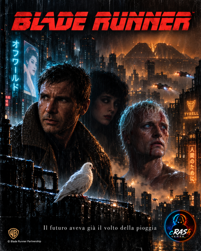 Illustrazione editoriale di Deckard, Rachael e Roy Batty nella Los Angeles piovosa di Blade Runner.
