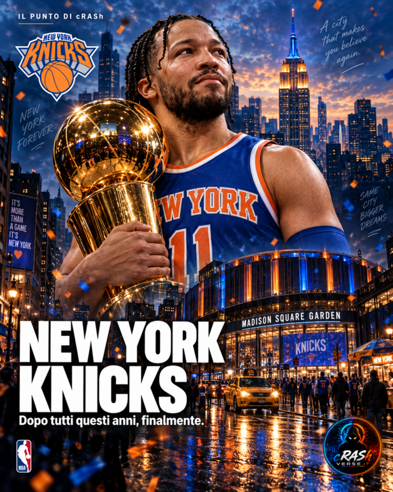 Collage editoriale dei New York Knicks: Jalen Brunson, trofeo NBA e Madison Square Garden nei colori blu e arancio.