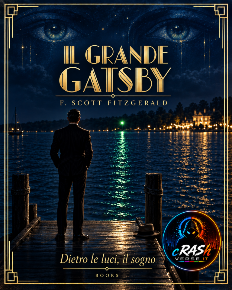 Il Grande Gatsby: un uomo sul molo guarda la luce verde, sotto un cielo blu con occhi e titolo dorato.