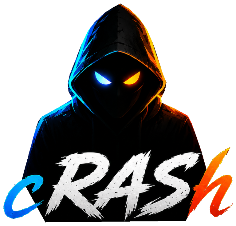 cRASh: alieno incappucciato con occhi ciano e arancio e lettering originale.