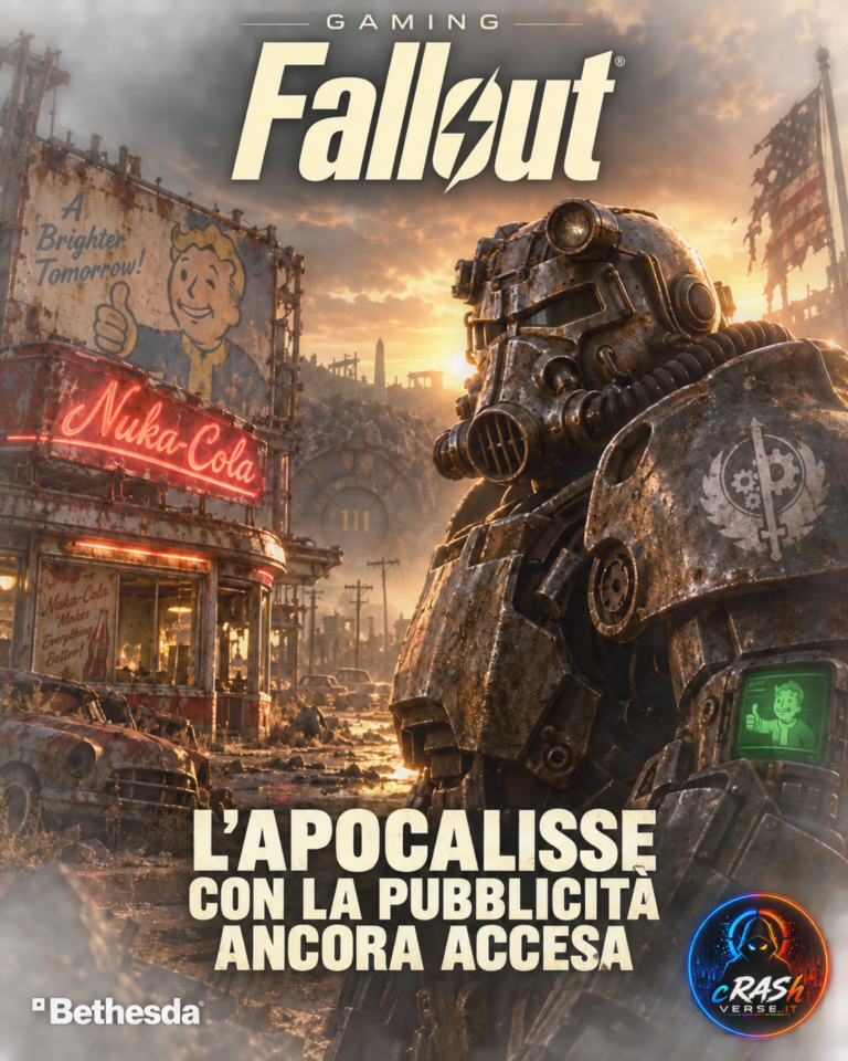 Fallout: una Power Armor nel Wasteland, tra insegne Nuka-Cola e pubblicità sopravvissute all’apocalisse. Illustrazione editoriale.