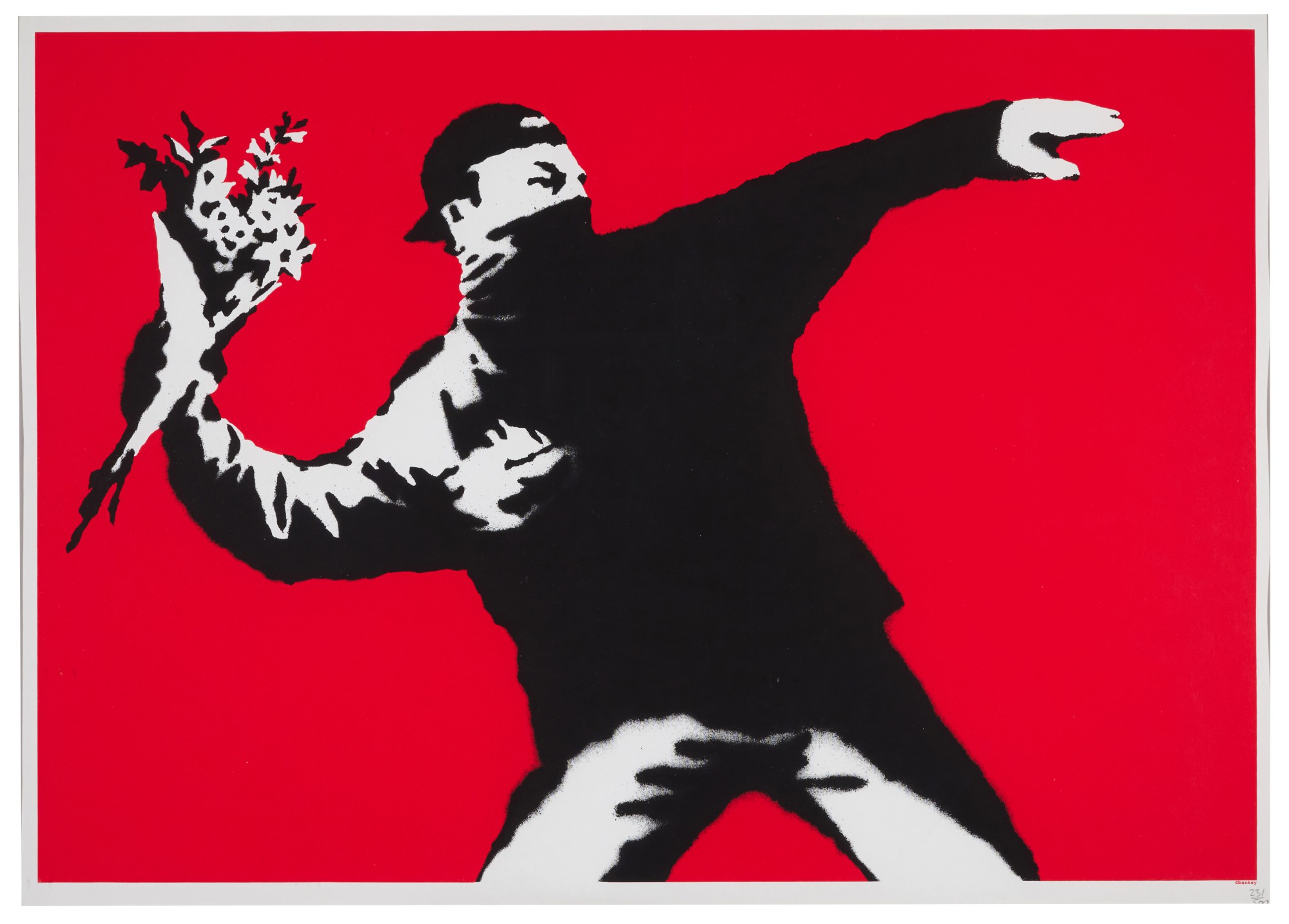 Banksy, Love Is In The Air: figura con il volto coperto che lancia un mazzo di fiori.