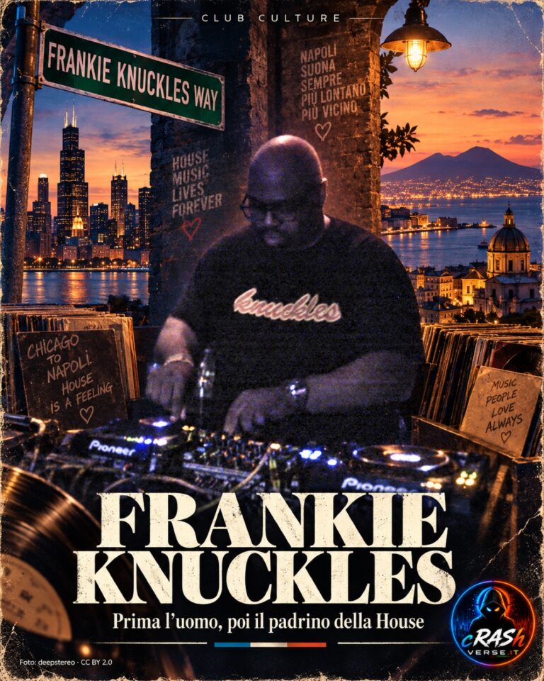 Frankie Knuckles ai piatti, Chicago e Napoli sullo sfondo e la targa Frankie Knuckles Way: copertina editoriale.