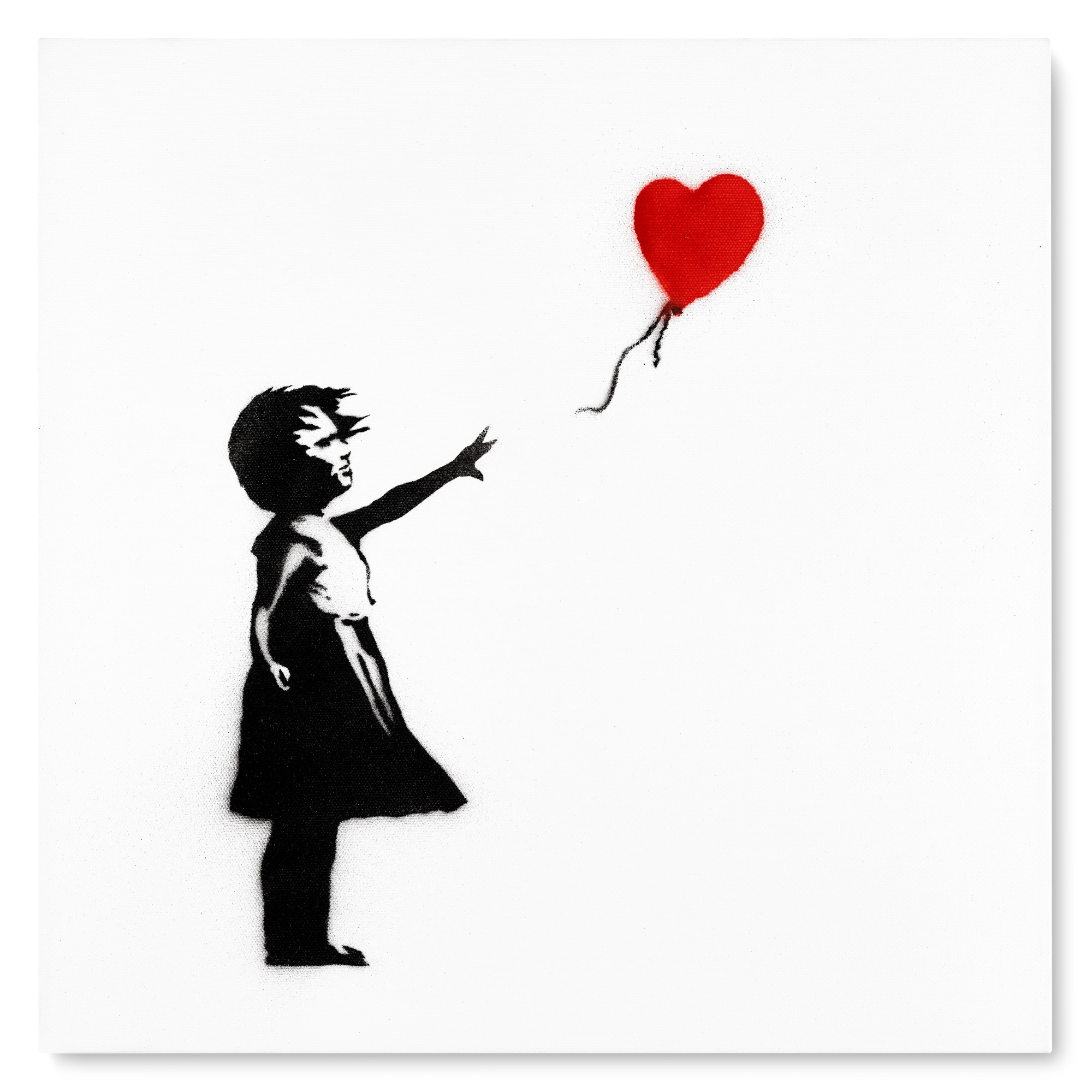 Banksy, Girl with Balloon: una bambina tende la mano verso un palloncino rosso a cuore.