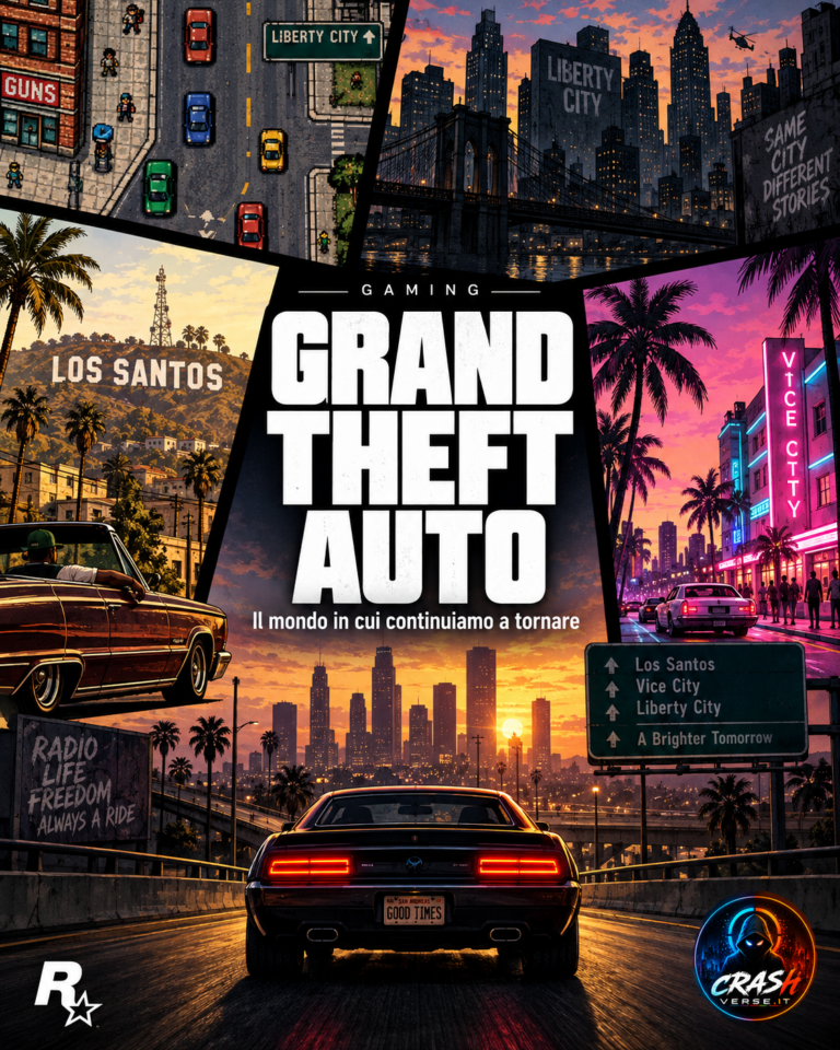 Grand Theft Auto: collage illustrato da Liberty City a Los Santos e Vice City, con un’auto diretta verso il tramonto.