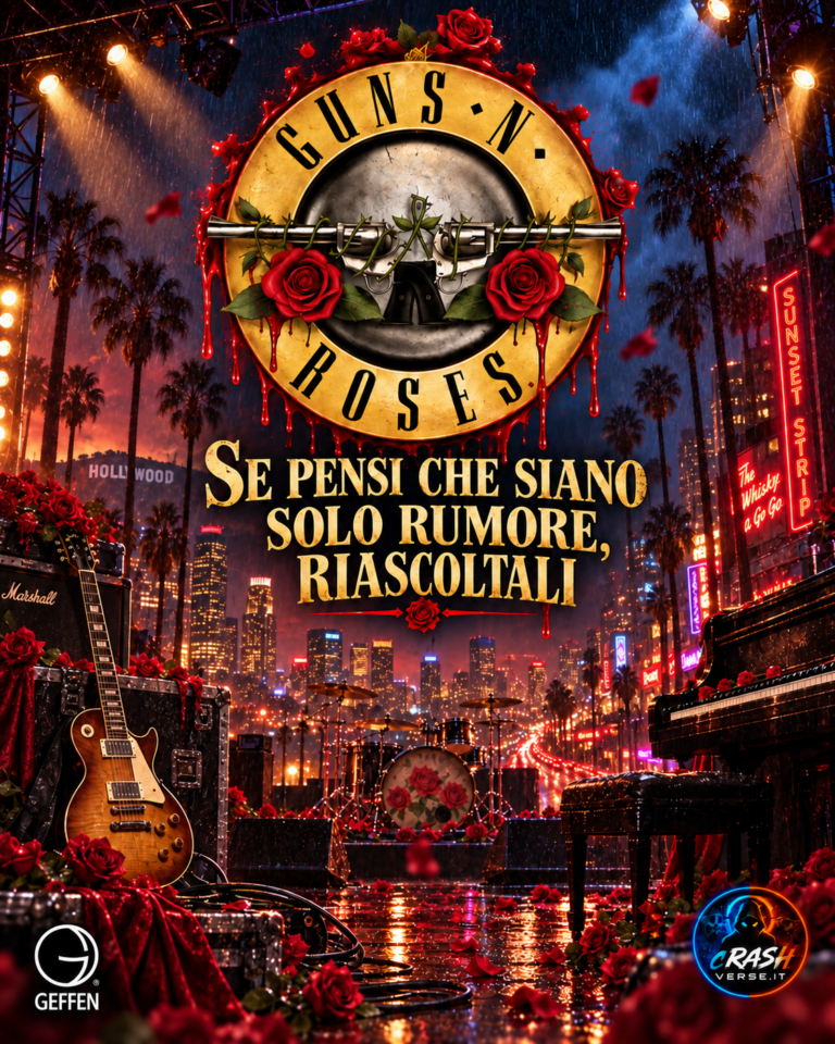 Guns N’ Roses — Se pensi che siano solo rumore, riascoltali. Logo, rose e strumenti sullo sfondo di Los Angeles.