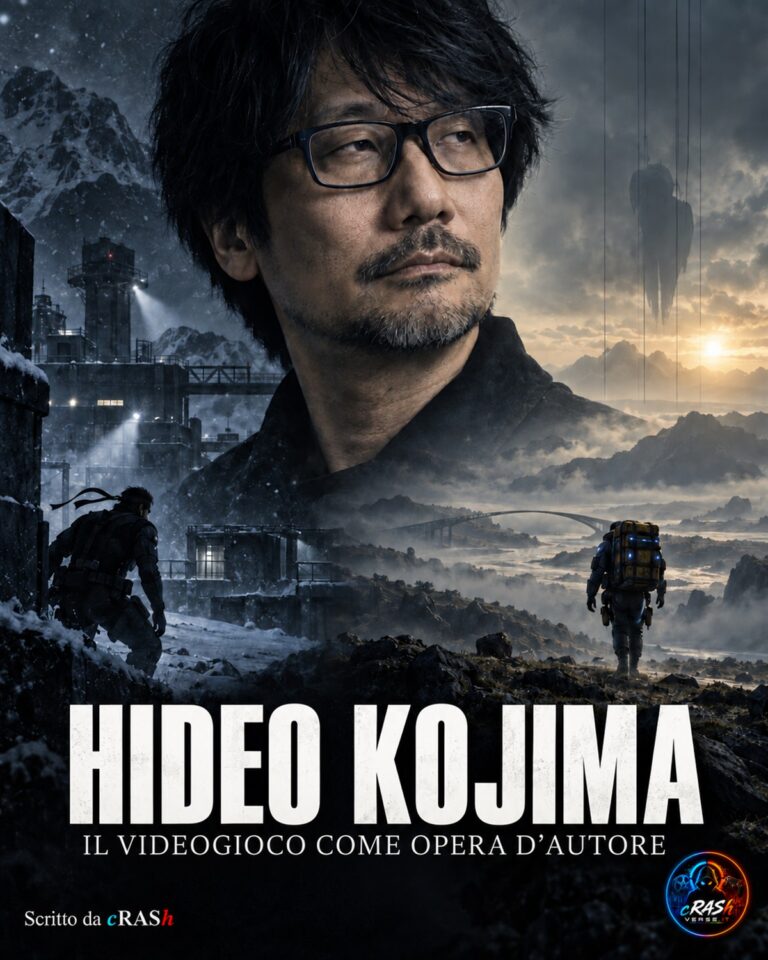 Hideo Kojima tra Shadow Moses e il viaggio di Sam in Death Stranding, copertina editoriale generata per CrashVerse.