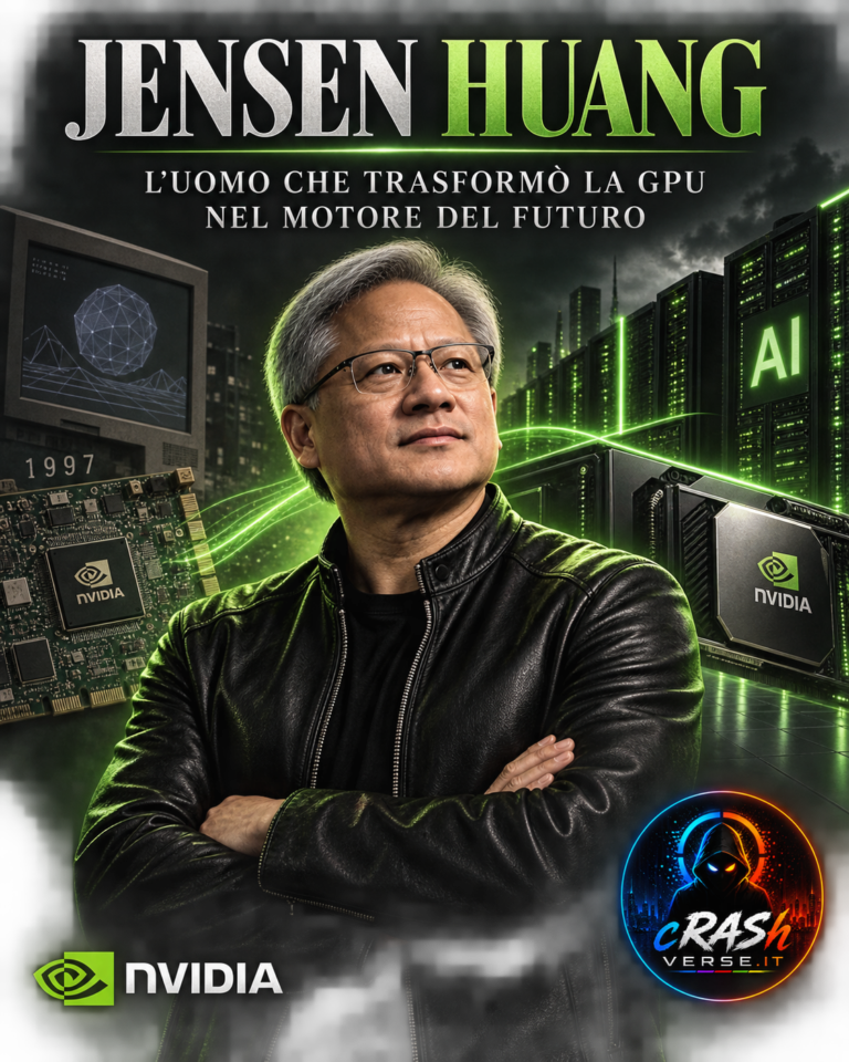Jensen Huang e l’evoluzione delle GPU NVIDIA — illustrazione editoriale CrashVerse