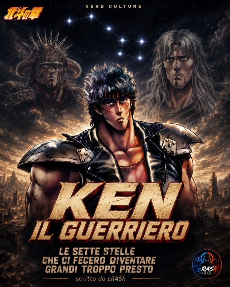 Ken il Guerriero davanti a Raoh e Toki sotto le sette stelle di Hokuto, con titolo e logo CrashVerse.