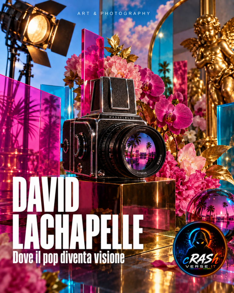 David LaChapelle — Dove il pop diventa visione. Illustrazione editoriale con fotocamera, fiori e luci pop, logo CrashVerse.