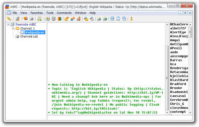 mIRC 7.27 su Windows 7: un canale Freenode con topic ed elenco dei nickname