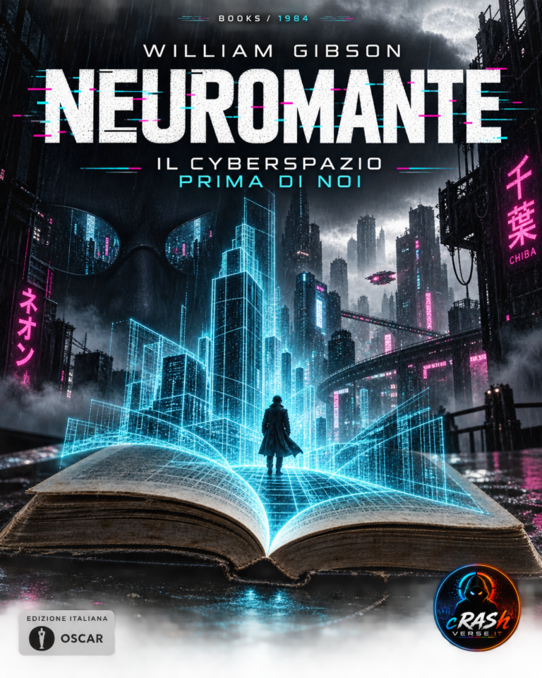 Neuromante: un libro aperto diventa una città di dati, tra neon e cyberspazio. Cover editoriale CrashVerse.