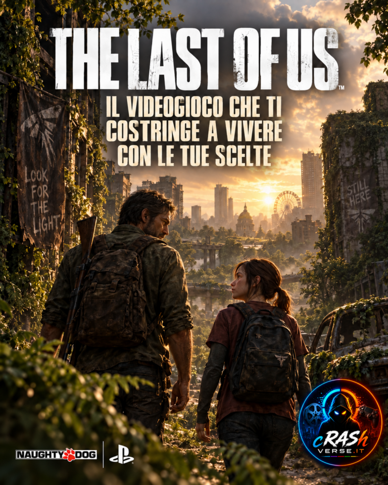 Joel ed Ellie in una città invasa dalla vegetazione, nella cover di The Last of Us. Illustrazione editoriale generata con IA.