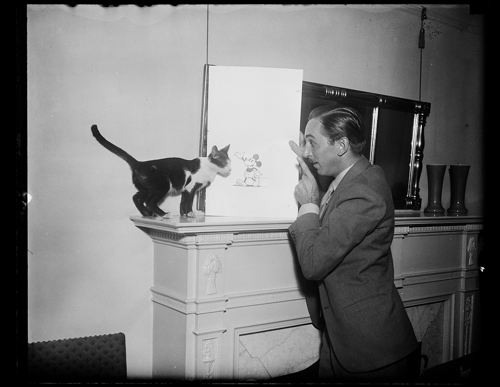 Walt Disney accanto a un disegno di Mickey Mouse e a un gatto