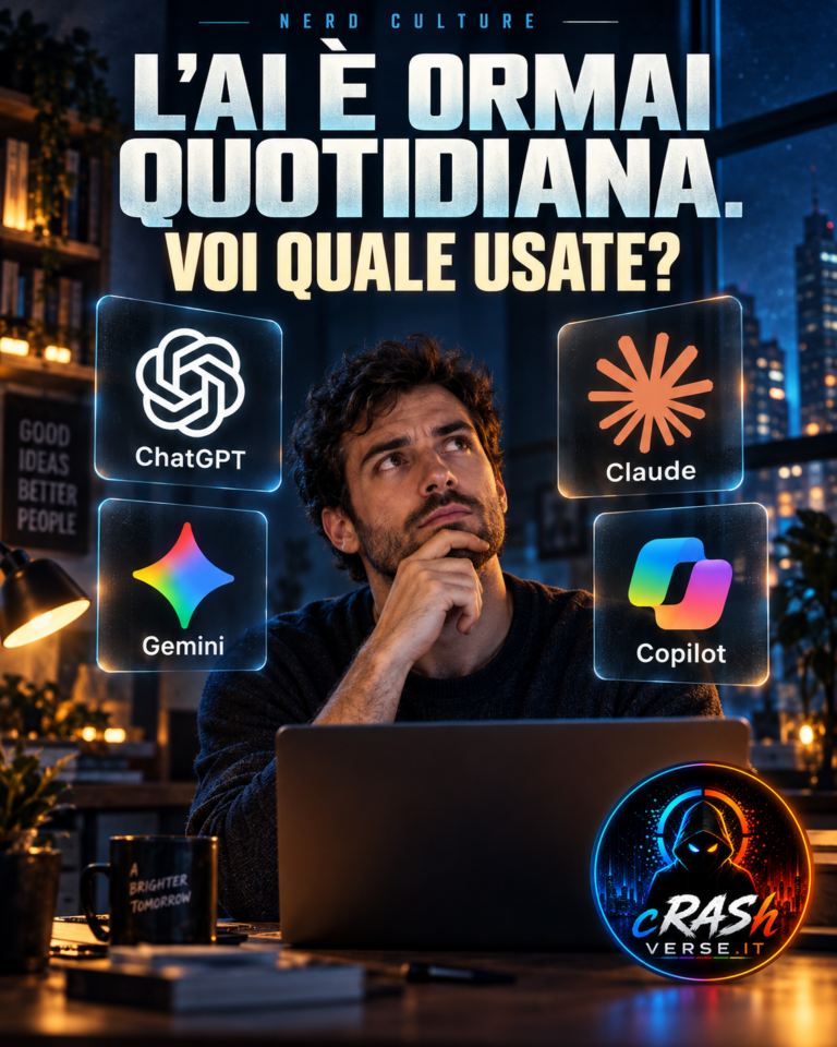 Una persona pensierosa al computer tra i loghi di ChatGPT, Claude, Gemini e Copilot. Cover CrashVerse: L’AI è ormai quotidiana. Voi quale usate?