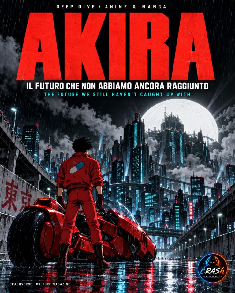 Akira: Kaneda e la moto rossa davanti a Neo-Tokyo, illustrazione editoriale CrashVerse con sottotitoli IT e US.