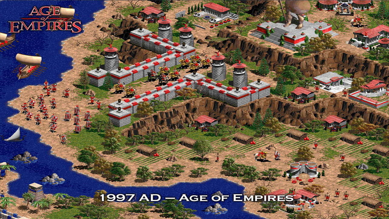 Immagine promozionale del primo Age of Empires: eserciti e fortificazioni nel mondo del 1997.