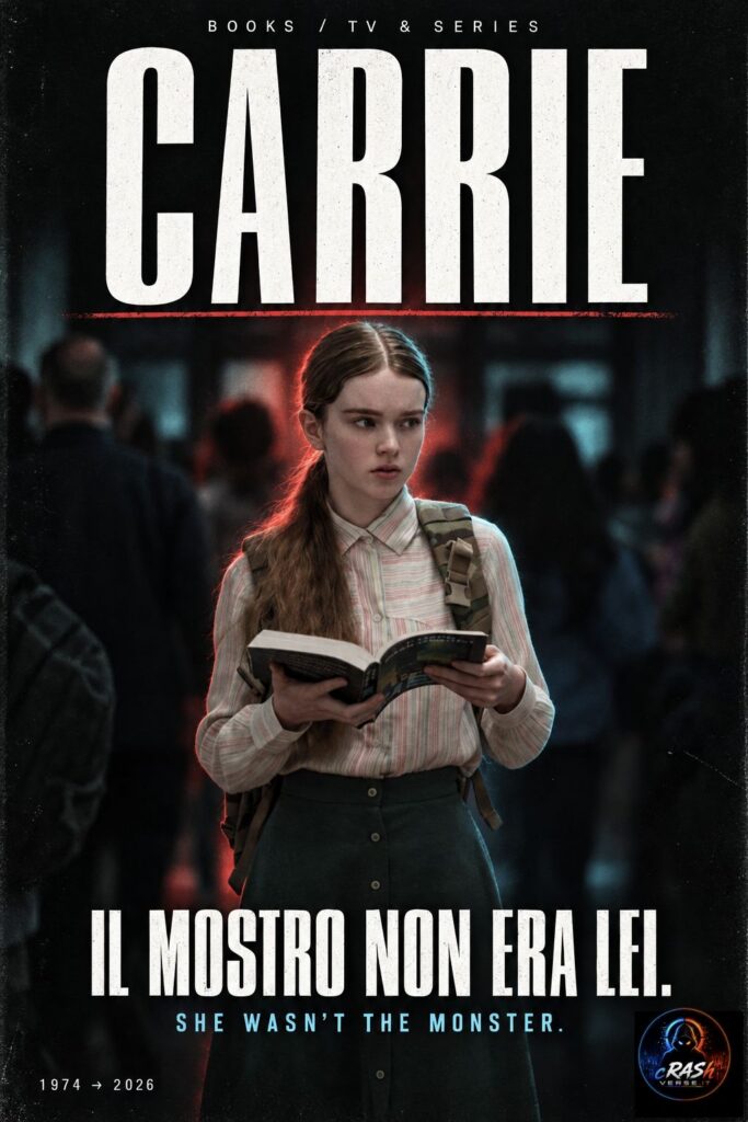 Carrie White con un libro, cover CrashVerse: Il mostro non era lei.