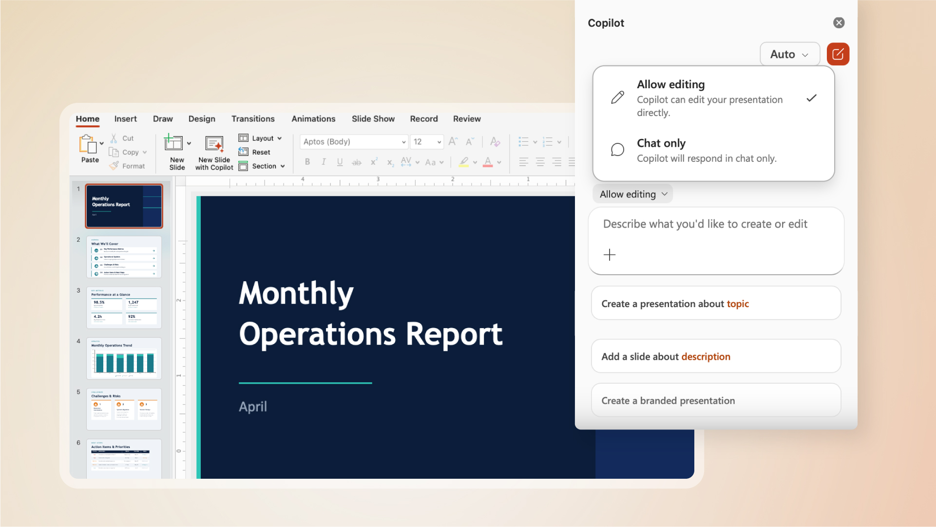 Microsoft Copilot in PowerPoint, con presentazione e pannello di assistenza.