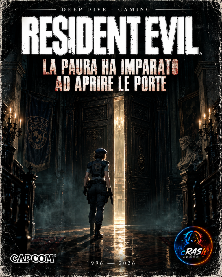 Resident Evil — La paura ha imparato ad aprire le porte. Illustrazione editoriale di Jill davanti alla porta socchiusa della villa.
