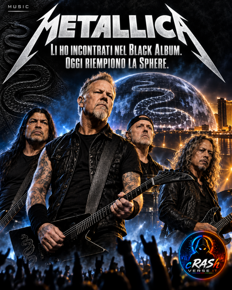 Metallica: locandina illustrata CrashVerse con James Hetfield, Lars Ulrich, Kirk Hammett e Robert Trujillo davanti alla Sphere.