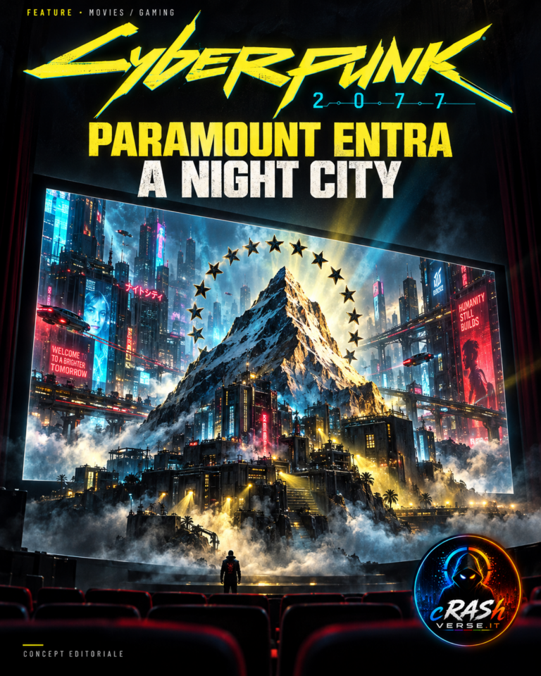 Copertina Cyberpunk 2077: Paramount entra a Night City. La montagna e le stelle emergono dallo schermo verso una sala cinematografica. Concept editoriale CrashVerse.
