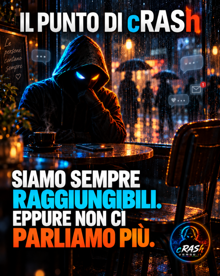 cRASh seduto accanto a una sedia vuota, tra notifiche e uno smartphone: Siamo sempre raggiungibili. Eppure non ci parliamo più.