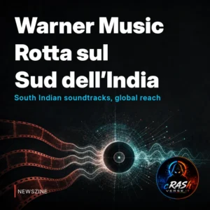 Tre pellicole si trasformano in onde sonore collegate a un disco, simbolo dell’incontro tra cataloghi cinematografici e diffusione musicale globale.
