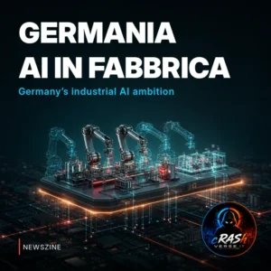Fabbrica concettuale sopra un circuito, con bracci robotici e copie digitali luminose a rappresentare l’AI industriale.