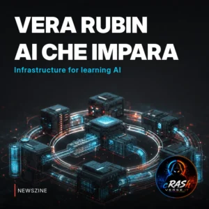 Moduli di calcolo collegati da anelli luminosi e tubi di raffreddamento, metafora dell’apprendimento continuo dell’intelligenza artificiale.