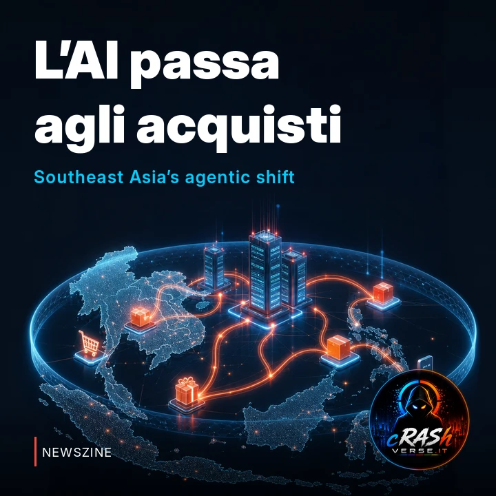 Rete luminosa tra oggetti geometrici e data center su una sagoma del Sud-est asiatico, simbolo del commercio tramite agenti AI.