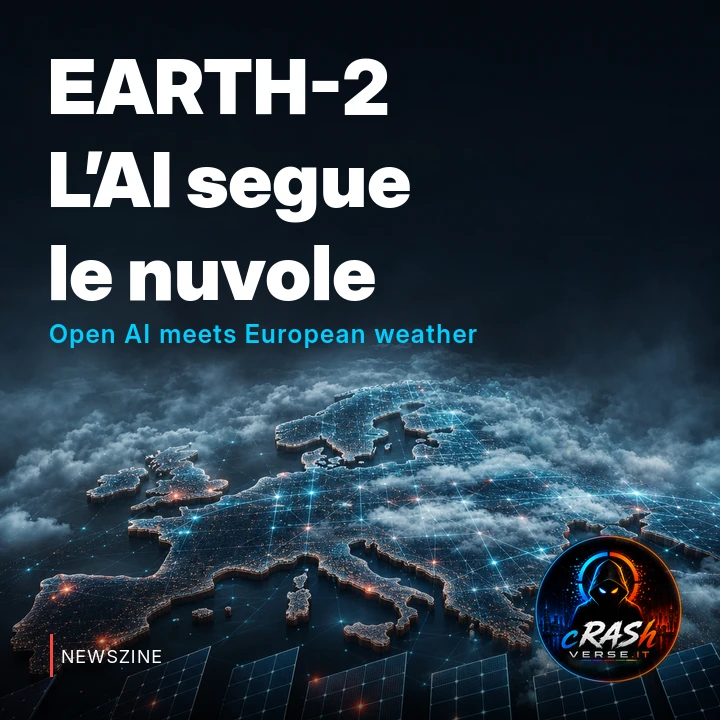 Mappa concettuale dell’Europa con nuvole che si trasformano in una griglia luminosa, simbolo delle previsioni meteo tramite AI.