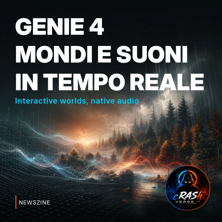 Paesaggio digitale tra griglia geometrica e foresta, attraversato da onde luminose che evocano l’audio.